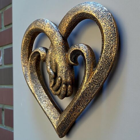 Top Brass Bronze Heart Wall Decor with Intertwined Holding Hands – Romantic Sculpted Love Symbol Wall Art – Rustic Textured Antique Finish – 8.5" Tall Decorative Accent in Saudi Arabia