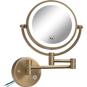 8" Hardwired Magnifying Mirror Wall Mounted with Lights, 1X/5X Double Sided 3-Colors LED Lighting Touch Dimming Extended Arm 360 Rotation Brass Makeup Vanity Mirror for Bathroom Matt Black in Saudi Arabia