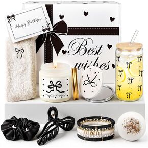 هدايا عيد ميلاد للفتيات المراهقات - سلة هدايا عيد ميلاد على شكل فيونكة وردية للنساء، مجموعة هدايا للعناية الذاتية مع شمعة وكوب زجاجي وإكسسوارات لطيفة، هدية فريدة لها، أفضل صديق in Kuwait