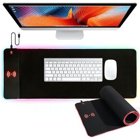 لوحة ماوس ألعاب RGB للشحن اللاسلكي بقدرة 15 وات، وسجادة مكتب كبيرة مقاس XXL (31.5 بوصة × 11.8 بوصة × 0.16 بوصة) مع 13 وضعًا للضوء، متوافقة مع iPhone 17/16/15/14/13/12/11، وSamsung S23، وAirPods in Kuwait