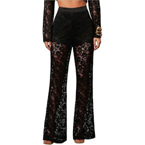 Women's Lace Mesh See Through Flare Pants High Waisted Bell Bottoms Elegant Pants in Kuwait