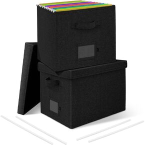 File Organizer Box with Lid, Document Storage Organizer with Handle, Collapsible Hanging Document Filling Box for Letter/Legal File Folder - 15 x 12.6 x 11 inch (Black, 2 Pack) in Kuwait
