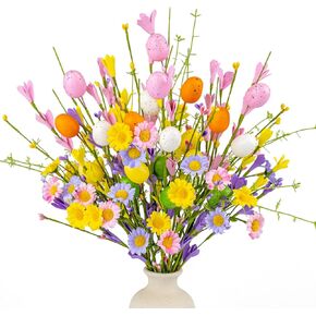 زهور عيد الفصح الاصطناعية من FloralElegance مع البيض، 10 عبوات من زهور عيد الفصح، 17 بوصة زهور فورسيثيا مع بيض ملون لعطلات الربيع، مزهريات، ترتيبات الزهور، القطع المركزية in Kuwait