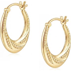 14K Gold Earrings for Women Gold Hoop Earrings for Women 14K Gold Hoop Earring for Womens Hoops Intricately Textured surface with Bead Details Hoops Earring for Womens 22/25mm in Saudi Arabia