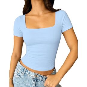 ForeFair Women's Square Neck Going Out Tops Double Lined Short Sleeve Slim Fitted Summer Basic T Shirts in Saudi Arabia