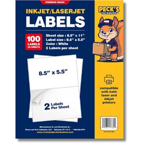 Peck's Packaging 8.5x5.5 Half Sheet Labels for Inkjet/Laser Jet Printers, Matte White, 2 Labels/Sheet (50 SHEETS/100 Labels) in Saudi Arabia