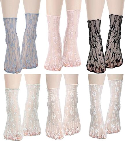 6 Pairs Ruffle Lace Socks, Ruffle Frilly Lolita Socks Women Sheer Slouch Sock Lace Mesh Novelty Decorated Ideal for Lolita Princess Dress Accessories, Nylon Loose Ankle High Comfortable & Stylish in Saudi Arabia