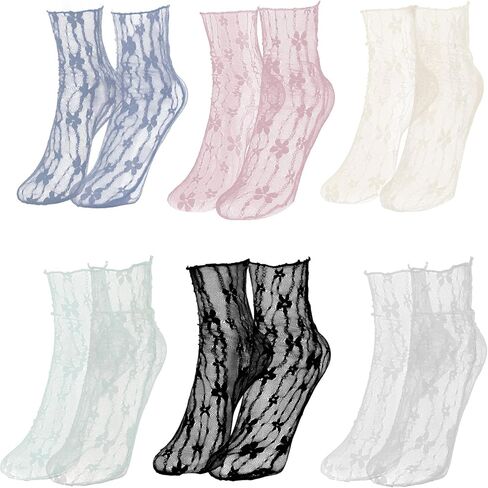 6 Pairs Ruffle Lace Socks, Ruffle Frilly Lolita Socks Women Sheer Slouch Sock Lace Mesh Novelty Decorated Ideal for Lolita Princess Dress Accessories, Nylon Loose Ankle High Comfortable & Stylish in Saudi Arabia