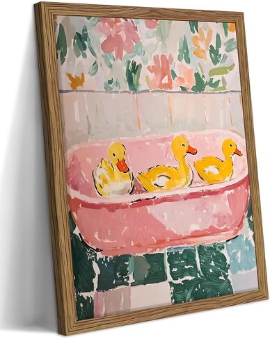 Framed Funny Bathroom Wall Art Decor, Yellow Duck in Pink Bathtub Canvas Wall Decor Painting, Cute Whimsical Animal Poster Print Picture for Girls Bathroom Nursery 12x16 Inch in Saudi Arabia