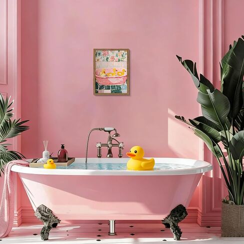 Framed Funny Bathroom Wall Art Decor, Yellow Duck in Pink Bathtub Canvas Wall Decor Painting, Cute Whimsical Animal Poster Print Picture for Girls Bathroom Nursery 12x16 Inch in Saudi Arabia