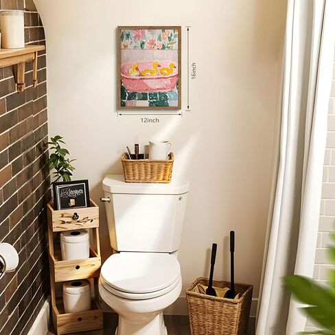 Framed Funny Bathroom Wall Art Decor, Yellow Duck in Pink Bathtub Canvas Wall Decor Painting, Cute Whimsical Animal Poster Print Picture for Girls Bathroom Nursery 12x16 Inch in Saudi Arabia