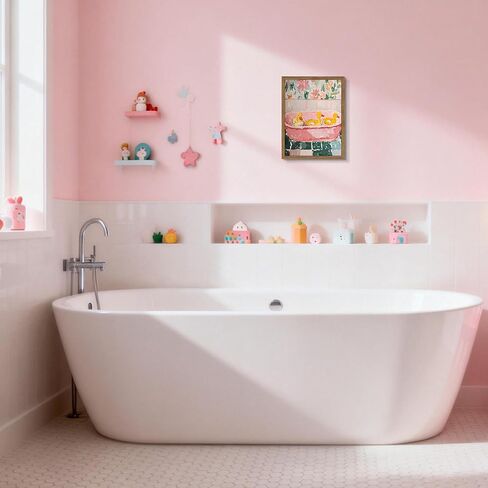 Framed Funny Bathroom Wall Art Decor, Yellow Duck in Pink Bathtub Canvas Wall Decor Painting, Cute Whimsical Animal Poster Print Picture for Girls Bathroom Nursery 12x16 Inch in Saudi Arabia