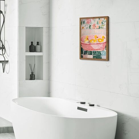 Framed Funny Bathroom Wall Art Decor, Yellow Duck in Pink Bathtub Canvas Wall Decor Painting, Cute Whimsical Animal Poster Print Picture for Girls Bathroom Nursery 12x16 Inch in Saudi Arabia