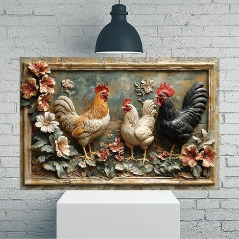 Rooster Trio Amidst Flowers Vintage Rustic Canvas Wall Art - 12x18in Unframed Poster- Home & Office Decor for Living Room, Bedroom, Kitchen & Cafe in Saudi Arabia