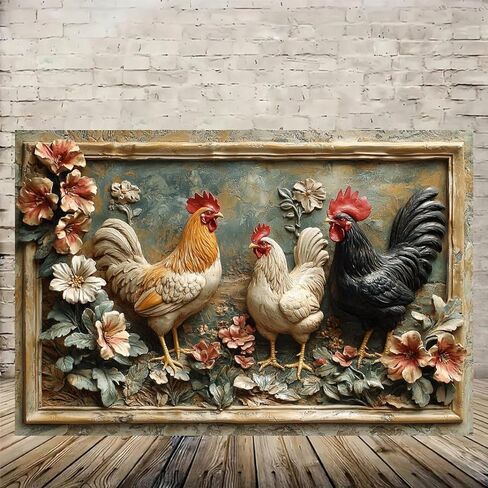 Rooster Trio Amidst Flowers Vintage Rustic Canvas Wall Art - 12x18in Unframed Poster- Home & Office Decor for Living Room, Bedroom, Kitchen & Cafe in Saudi Arabia