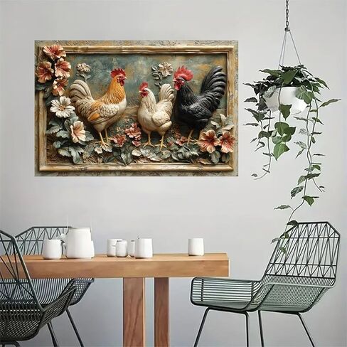 Rooster Trio Amidst Flowers Vintage Rustic Canvas Wall Art - 12x18in Unframed Poster- Home & Office Decor for Living Room, Bedroom, Kitchen & Cafe in Saudi Arabia