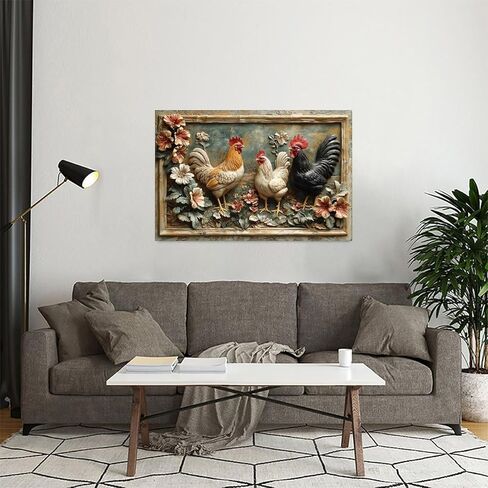 Rooster Trio Amidst Flowers Vintage Rustic Canvas Wall Art - 12x18in Unframed Poster- Home & Office Decor for Living Room, Bedroom, Kitchen & Cafe in Saudi Arabia