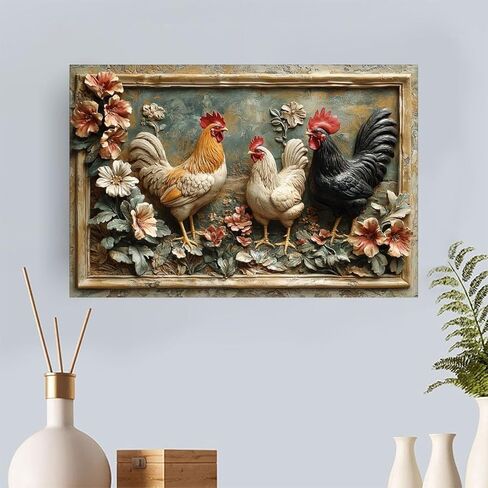 Rooster Trio Amidst Flowers Vintage Rustic Canvas Wall Art - 12x18in Unframed Poster- Home & Office Decor for Living Room, Bedroom, Kitchen & Cafe in Saudi Arabia