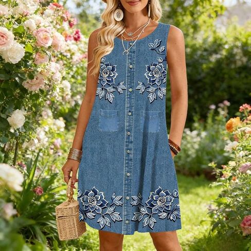 Blue Floral Denim Sleeveless Novelty Dress, 1-Piece Button-Front Shirt Dress Size S with Gathered Hem in Saudi Arabia