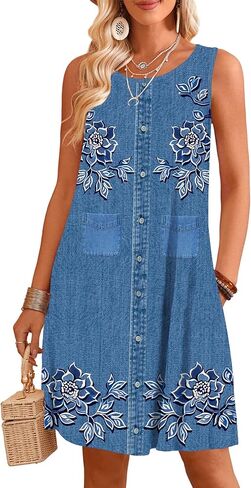 Blue Floral Denim Sleeveless Novelty Dress, 1-Piece Button-Front Shirt Dress Size S with Gathered Hem in Saudi Arabia