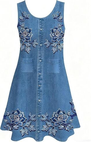Blue Floral Denim Sleeveless Novelty Dress, 1-Piece Button-Front Shirt Dress Size S with Gathered Hem in Saudi Arabia