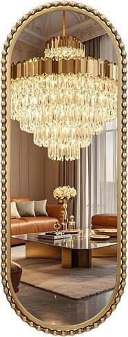 مرآة مثبتة على الحائط بطول كامل بيضاوي مقاس 20 بوصة × 53 بوصة، إطار معدني مطرز بالذهب العتيق، مرآة حائط كبيرة مزخرفة، معلقة رأسية أو أفقية، مدخل طويل، غرفة النوم، غرفة المعيشة in Kuwait