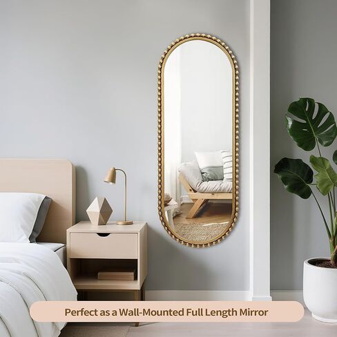 مرآة مثبتة على الحائط بطول كامل بيضاوي مقاس 20 بوصة × 53 بوصة، إطار معدني مطرز بالذهب العتيق، مرآة حائط كبيرة مزخرفة، معلقة رأسية أو أفقية، مدخل طويل، غرفة النوم، غرفة المعيشة in Kuwait