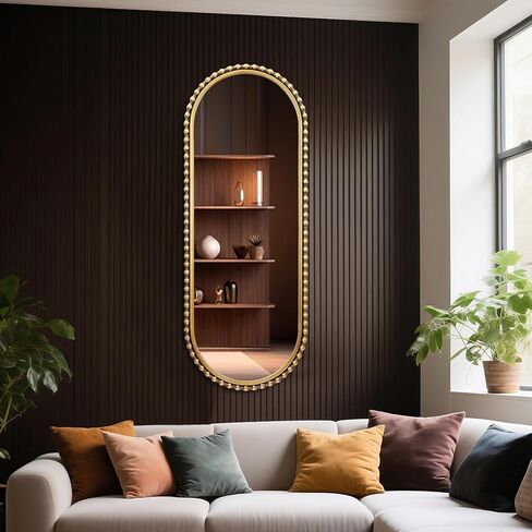مرآة مثبتة على الحائط بطول كامل بيضاوي مقاس 20 بوصة × 53 بوصة، إطار معدني مطرز بالذهب العتيق، مرآة حائط كبيرة مزخرفة، معلقة رأسية أو أفقية، مدخل طويل، غرفة النوم، غرفة المعيشة in Kuwait