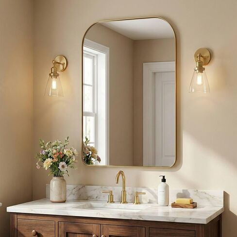 ANDY STAR Brushed Gold Arched Bathroom Mirror, 30x36 Arch Mantel Large Wall Mirror, Stainless Steel Framed, 1" Deep HD Rectangular Mirror for Over Sink, Fireplace Mantel, Entryway & Living Room in Kuwait