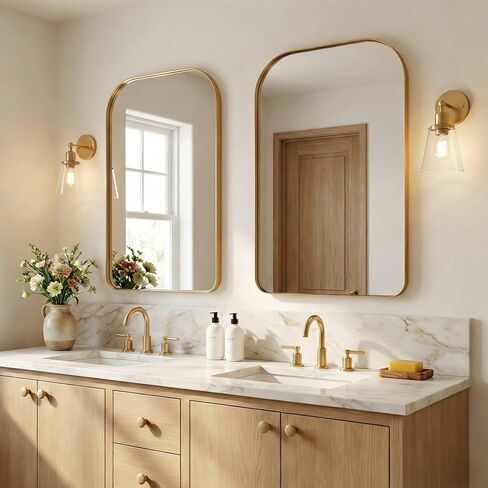 ANDY STAR Brushed Gold Arched Bathroom Mirror, 30x36 Arch Mantel Large Wall Mirror, Stainless Steel Framed, 1" Deep HD Rectangular Mirror for Over Sink, Fireplace Mantel, Entryway & Living Room in Kuwait