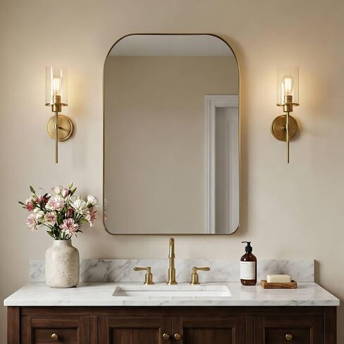 ANDY STAR Brushed Gold Arched Bathroom Mirror, 30x36 Arch Mantel Large Wall Mirror, Stainless Steel Framed, 1" Deep HD Rectangular Mirror for Over Sink, Fireplace Mantel, Entryway & Living Room in Kuwait