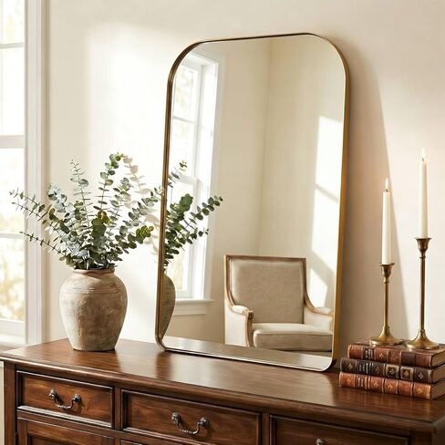 ANDY STAR Brushed Gold Arched Bathroom Mirror, 30x36 Arch Mantel Large Wall Mirror, Stainless Steel Framed, 1" Deep HD Rectangular Mirror for Over Sink, Fireplace Mantel, Entryway & Living Room in Kuwait
