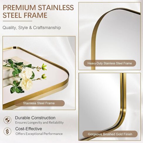 ANDY STAR Brushed Gold Arched Bathroom Mirror, 30x36 Arch Mantel Large Wall Mirror, Stainless Steel Framed, 1" Deep HD Rectangular Mirror for Over Sink, Fireplace Mantel, Entryway & Living Room in Kuwait