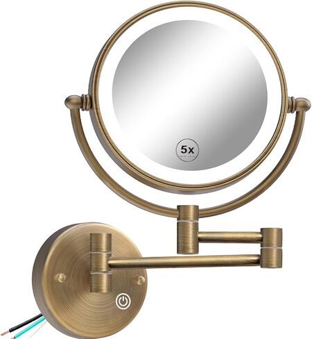 8" Hardwired Magnifying Mirror Wall Mounted with Lights, 1X/5X Double Sided 3-Colors LED Lighting Touch Dimming Extended Arm 360 Rotation Brass Makeup Vanity Mirror for Bathroom Matt Black in Saudi Arabia