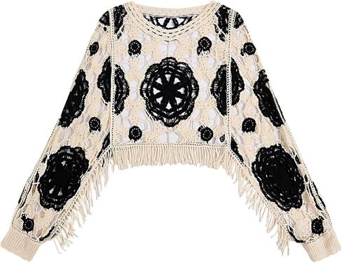 Verdusa Women's Hollow Out Colorblock Cropped Sweater Y2k Vacation Fringe Pullover Knit Tops in Saudi Arabia