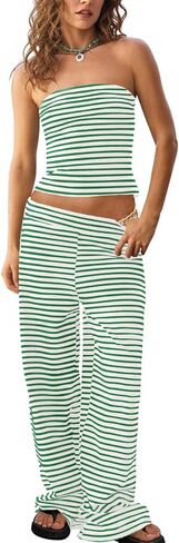 Tankaneo Womens Striped 2 Piece Sets Summer Strapless Crop Tube Tops Wide Leg Pants Matching Lounge Set Vacation Outfits in Saudi Arabia