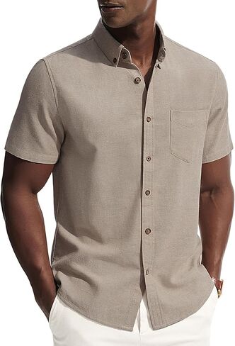 PJ PAUL JONES Mens Linen Shirt Short Sleeve Button Down Business Casual Dress Shirts Cotton Summer Beach Shirts with Pocket in Saudi Arabia