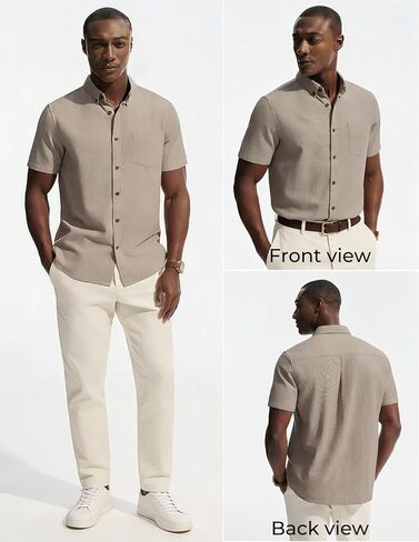 PJ PAUL JONES Mens Linen Shirt Short Sleeve Button Down Business Casual Dress Shirts Cotton Summer Beach Shirts with Pocket in Saudi Arabia