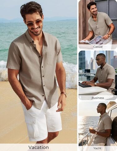 PJ PAUL JONES Mens Linen Shirt Short Sleeve Button Down Business Casual Dress Shirts Cotton Summer Beach Shirts with Pocket in Saudi Arabia
