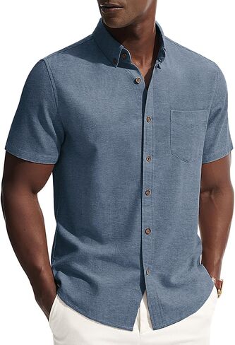 PJ PAUL JONES Mens Linen Shirt Short Sleeve Button Down Business Casual Dress Shirts Cotton Summer Beach Shirts with Pocket in Saudi Arabia