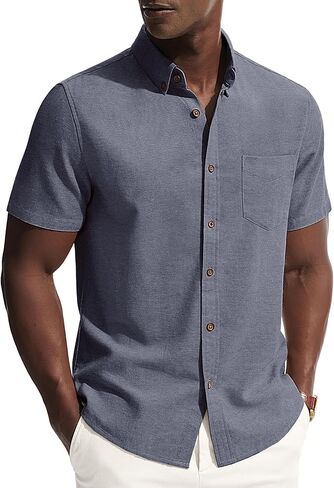 PJ PAUL JONES Mens Linen Shirt Short Sleeve Button Down Business Casual Dress Shirts Cotton Summer Beach Shirts with Pocket in Saudi Arabia