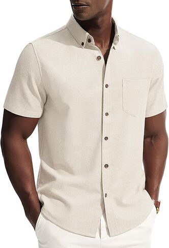 PJ PAUL JONES Mens Linen Shirt Short Sleeve Button Down Business Casual Dress Shirts Cotton Summer Beach Shirts with Pocket in Saudi Arabia