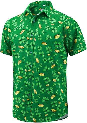 قميص J & DHUASHA الرجالي لعيد القديس باتريك قمصان شامروك أيرلندية مطبوعة باللون الأخضر البرسيم هاواي بأزرار سفلية وأكمام قصيرة in Kuwait