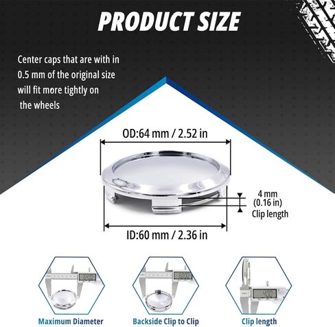 4 Pack Wheel Center Caps Kit, OD 64 mm / 2.52 inch ID 60 mm / 2.36 inch Hub Caps, Snap-in Replaces C-053 Chrome ABS-Plastic Rim Covers in Saudi Arabia
