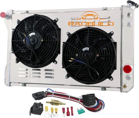 مشعاع ألومنيوم 3 صفوف + كفن + مروحة + مرحل لـ 82-92 تشيفي كامارو وبونتياك فايربيرد و89-90 جي إم سي P3500، 3 صفوف مشعاع + كفن مروحة ومرحل in Kuwait