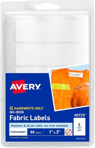 Avery No-Iron Fabric Labels, 1" x 3", Washer and Dryer-Safe Waterproof Labels, Non-Printable, 50 Total (40725) in Kuwait