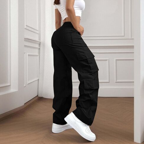 Womens Cargo Pants Elastic Waisted Hiking Pant Athletic Casual High Waist Straight Leg Trousers with Multi Pockets in Saudi Arabia