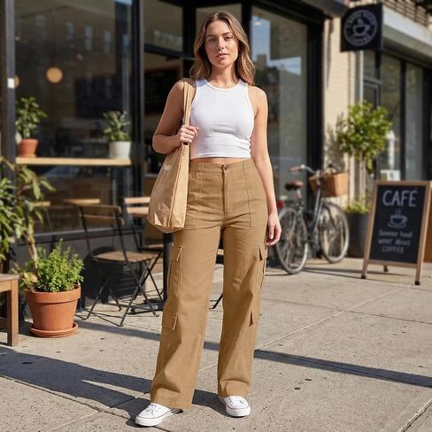 Womens Cargo Pants Elastic Waisted Hiking Pant Athletic Casual High Waist Straight Leg Trousers with Multi Pockets in Saudi Arabia