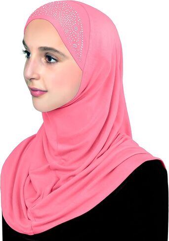 Aiyah Hijab Scarf Big Girls/Kids Pre-teen Headscarf one piece Junior Muslim Amira with Rhinestones (Rose Pink) in Kuwait