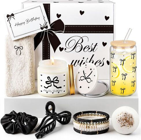 هدايا عيد ميلاد للفتيات المراهقات - سلة هدايا عيد ميلاد على شكل فيونكة وردية للنساء، مجموعة هدايا للعناية الذاتية مع شمعة وكوب زجاجي وإكسسوارات لطيفة، هدية فريدة لها، أفضل صديق in Kuwait